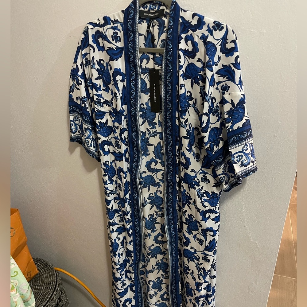 BCBGMaxAzria Blue White Print XS|S Open Caftan, Cover Up
